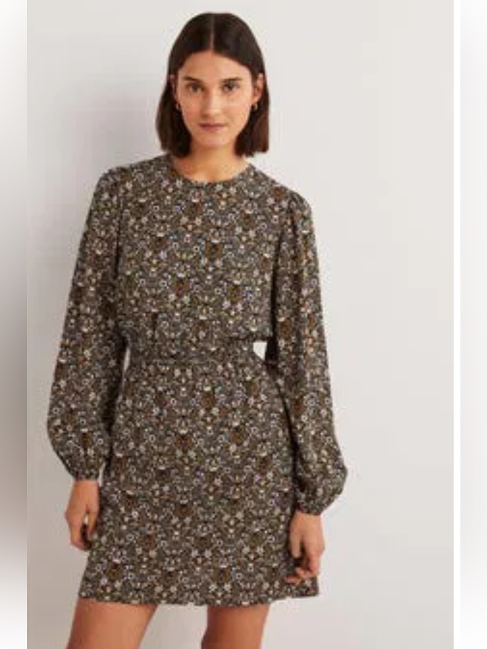 Boden Midi Dress in Brown, Black and pink Floral Tile Print